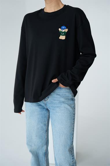 Kadın Tittle Ayıcık Desen Uzun Kol Body - Siyah