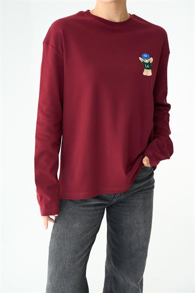 Kadın Tittle Ayıcık Desen Uzun Kol Body - Bordo