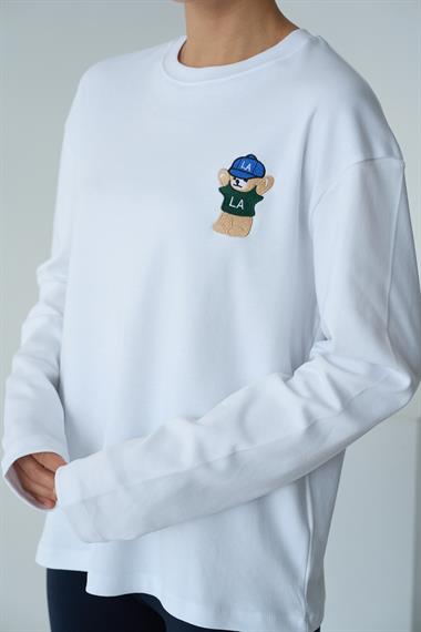 Kadın Tittle Ayıcık Desen Uzun Kol Body - Beyaz