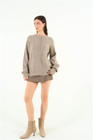 Kadın Tospe Düğmeli Triko Kazak - Açık Vizon