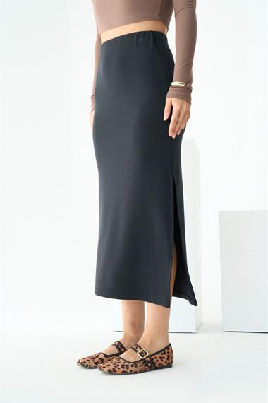 Kadın Vienna Yırtmaçlı Örme  Etek - Siyah