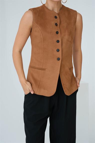 Kadın Weny Cepli Dokuma Yelek - Bisküvi