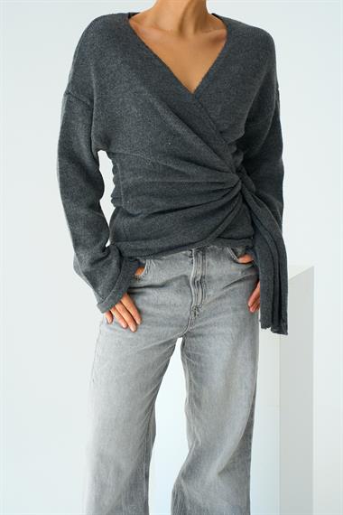 Kadın Yandan Bağlamalı Triko Kazak - Antrasit