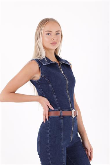 Kuplu Kolsuz Fermuarlı Kot Tulum