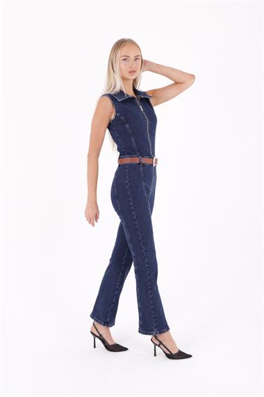 Kuplu Kolsuz Fermuarlı Kot Tulum