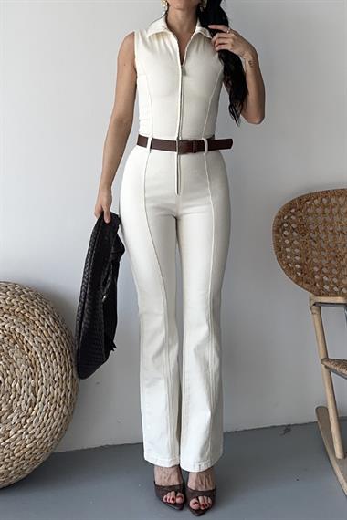 Kuplu Kolsuz Fermuarlı Kot Tulum