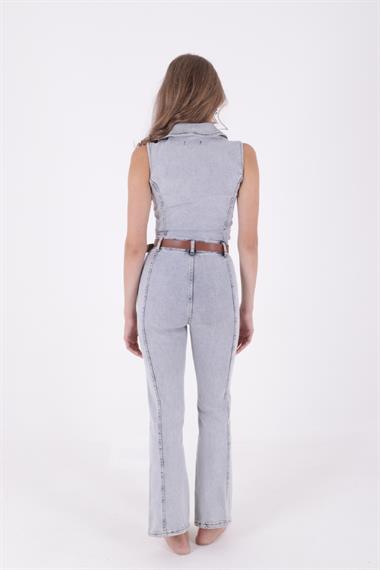 Kuplu Kolsuz Fermuarlı Kot Tulum