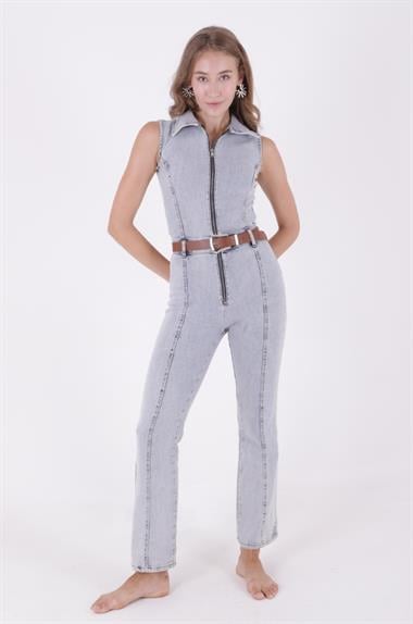 Kuplu Kolsuz Fermuarlı Kot Tulum