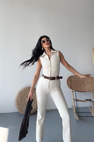 Kuplu Kolsuz Fermuarlı Kot Tulum