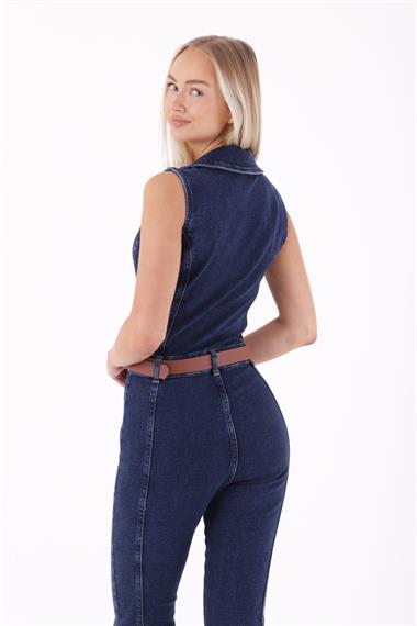 Kuplu Kolsuz Fermuarlı Kot Tulum