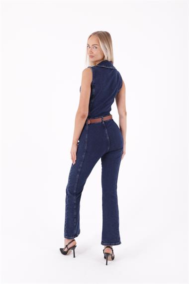 Kuplu Kolsuz Fermuarlı Kot Tulum