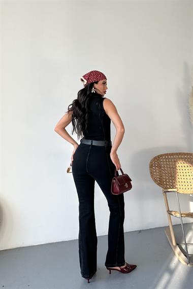 Kuplu Kolsuz Fermuarlı Kot Tulum