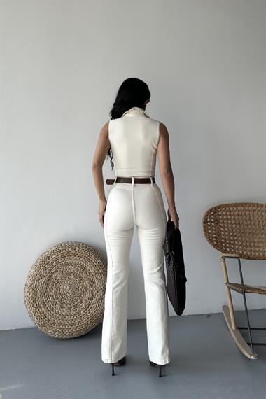 Kuplu Kolsuz Fermuarlı Kot Tulum