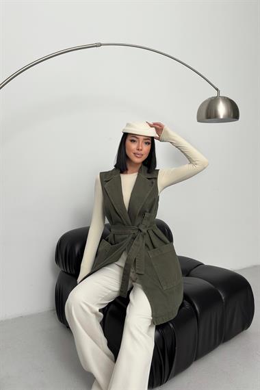 Kuşaklı Kruvaze Yaka Yelek 6137