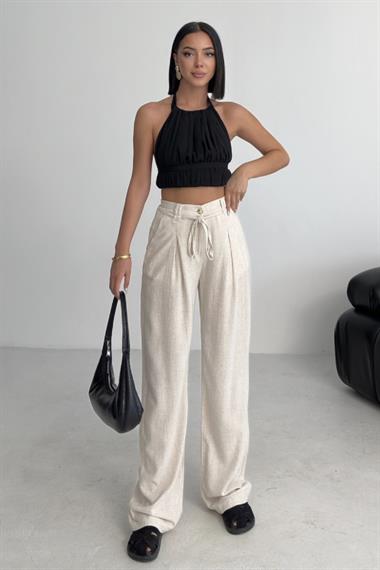 Lastikli Keten Pantolon