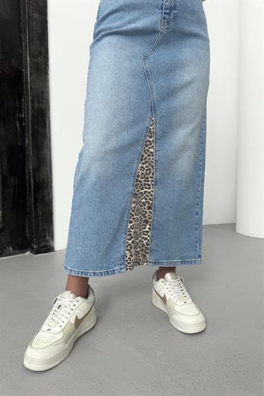 Leopar Detaylı Kot Etek