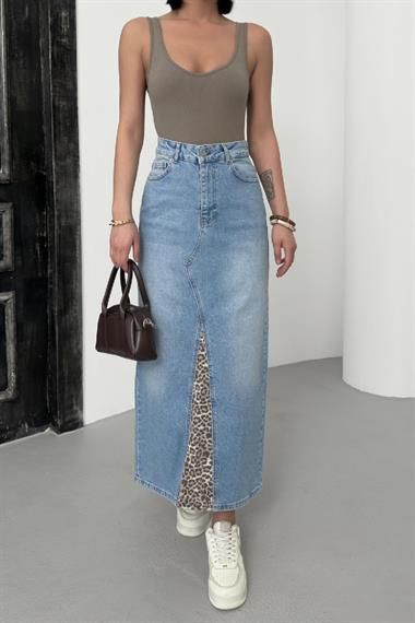 Leopar Detaylı Kot Etek