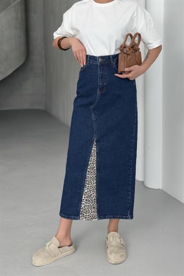 Leopar Detaylı Kot Etek