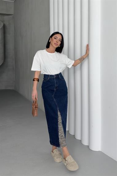 Leopar Detaylı Kot Etek