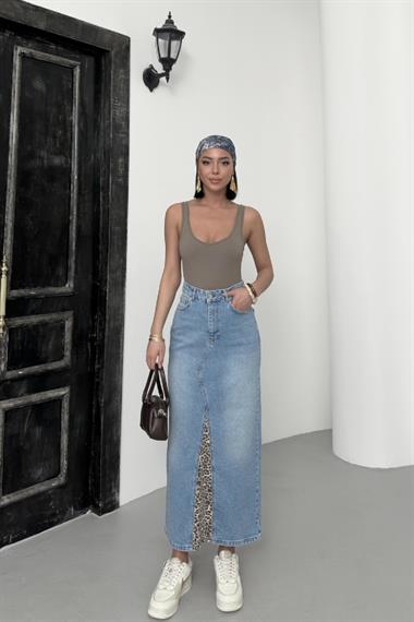 Leopar Detaylı Kot Etek