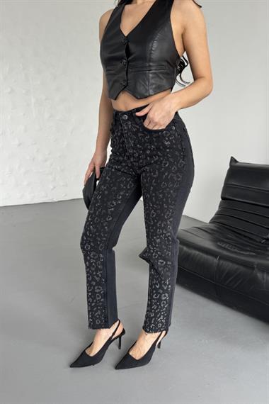 Leopar Taşlı Mom Fit Kot Pantolon