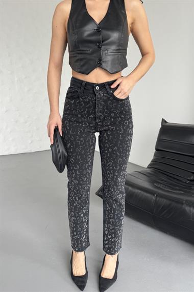 Leopar Taşlı Mom Fit Kot Pantolon