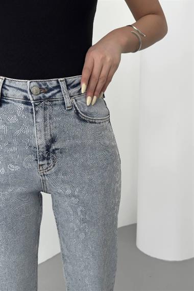 Leopar Taşlı Mom Fit Kot Pantolon
