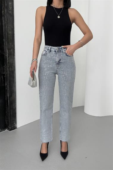 Leopar Taşlı Mom Fit Kot Pantolon