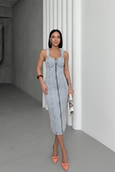 Likralı Kuplu Ayarlanabilir Askılı Kot Elbise