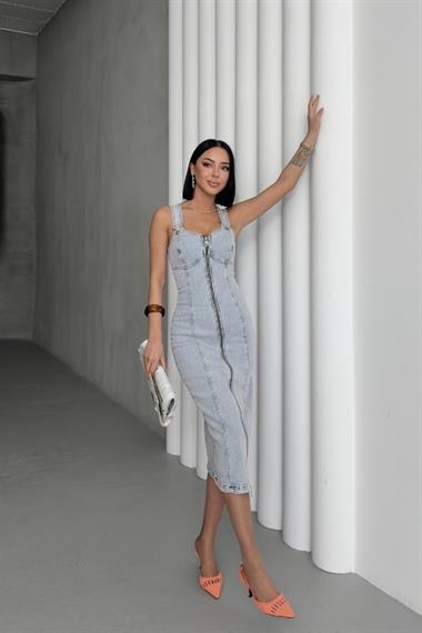 Likralı Kuplu Ayarlanabilir Askılı Kot Elbise