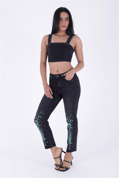 Paçası Baskılı Kesik Paça Kot Pantolon