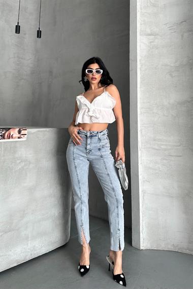 Parçalı Önü Yırtmaçlı Dikişsiz Paça Pantolon