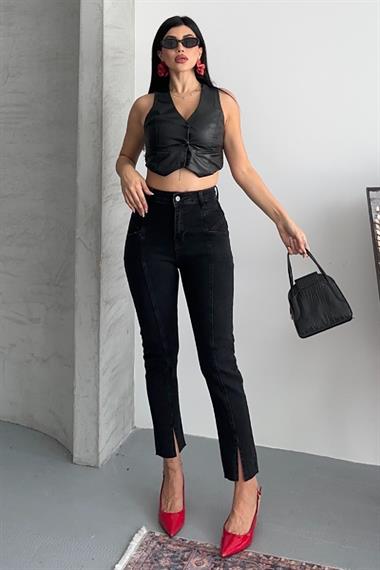 Parçalı Önü Yırtmaçlı Dikişsiz Paça Pantolon