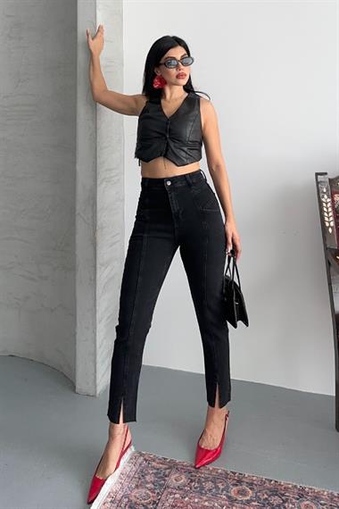 Parçalı Önü Yırtmaçlı Dikişsiz Paça Pantolon