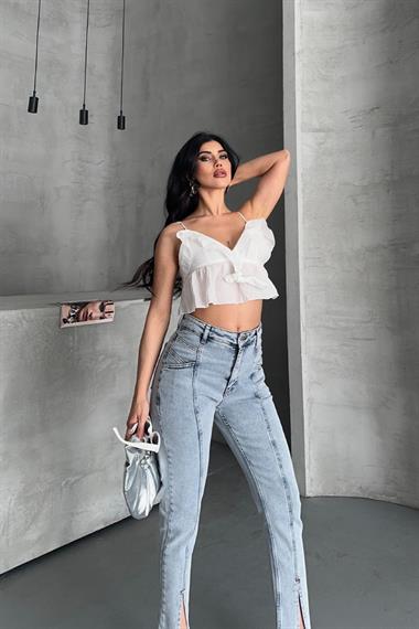 Parçalı Önü Yırtmaçlı Dikişsiz Paça Pantolon