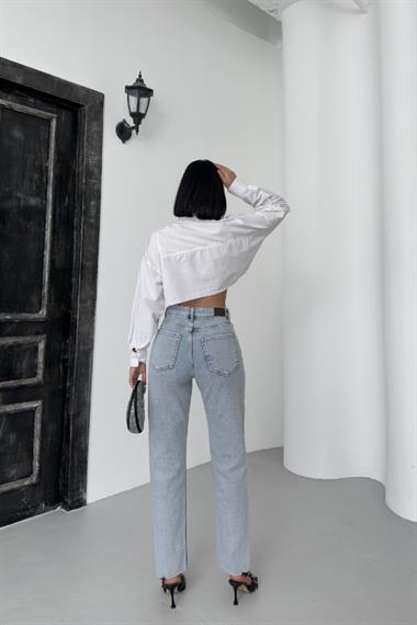 Şerit Taşlı Mom Fit Kot Pantolon