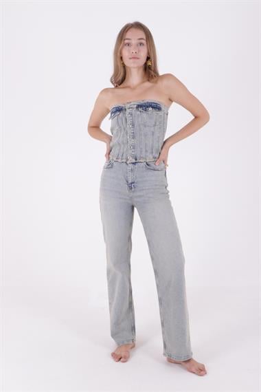 Straplez Detaylı Önü Düğmeli Kot Tulum