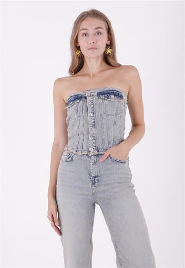 Straplez Detaylı Önü Düğmeli Kot Tulum