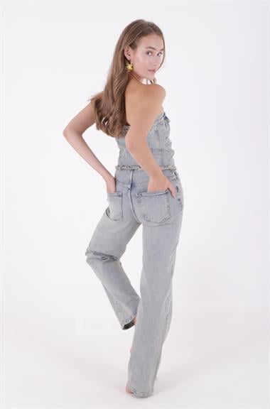 Straplez Detaylı Önü Düğmeli Kot Tulum