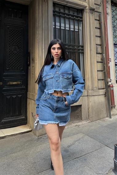 Taşlı Mini Kot Etek