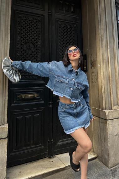 Taşlı Mini Kot Etek