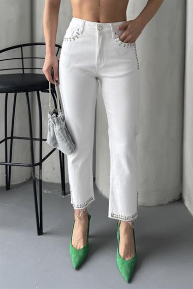 Taşlı Mom Fit Kot Pantolon