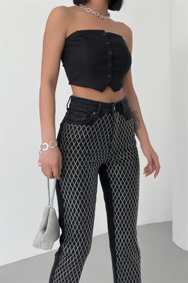 Taşlı Mom Fit Kot Pantolon