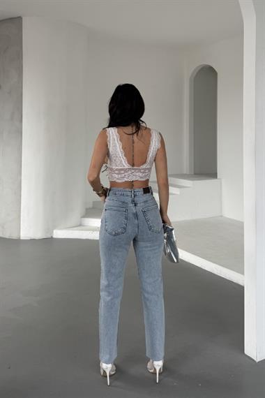 Taşlı Mom Fit Kot Pantolon