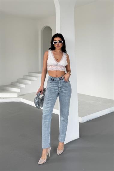 Taşlı Mom Fit Kot Pantolon