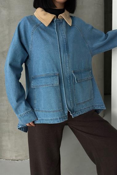 Yakası Kadife Arkası Uzun Kot Ceket