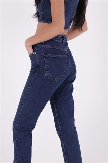 Yanı Yırtmaçlı Flare Paça Mom Kot Pantolon
