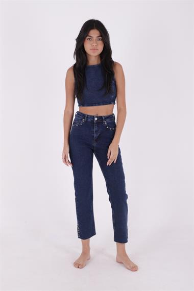 Yanı Yırtmaçlı Flare Paça Mom Kot Pantolon