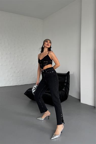 Yanı Yırtmaçlı Flare Paça Mom Kot Pantolon