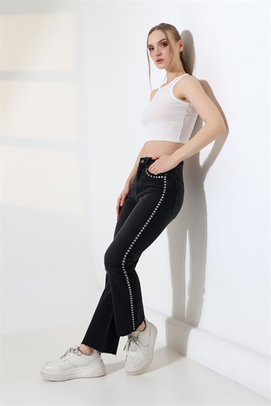 Zımba Taşlı İspanyol Mom Fit Kot Pantolon 7192